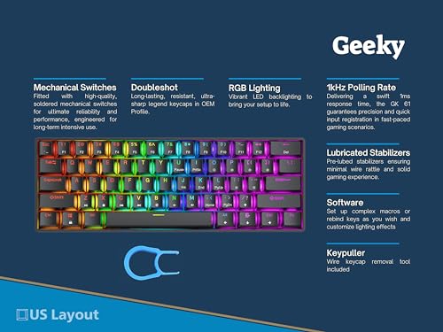 Geeky GK61 SE 60% | Mechanical Gaming Keyboard | 61 Keys Multi Color RGB LED Backlit for PC/Mac Gamer | ANSI US American Layout (Black, Mechanical Red) - Image 2