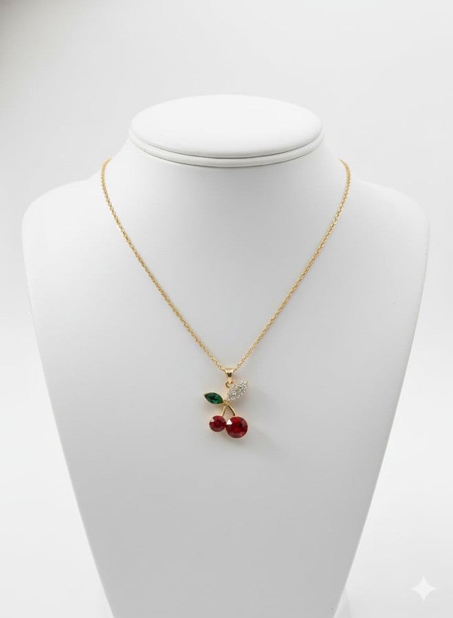 Les Bon Amis Anti Tarnish Cherry Pendant Necklace for Women & Girls | Cute Red Cherry Crystal Pendant with Gold Plated Chain | Trendy Fashion Jewellery | Stylish Gift for Birthday and Valentine - Image 3
