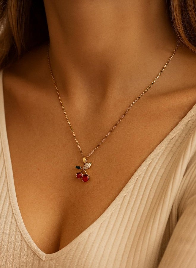 Les Bon Amis Anti Tarnish Cherry Pendant Necklace for Women & Girls | Cute Red Cherry Crystal Pendant with Gold Plated Chain | Trendy Fashion Jewellery | Stylish Gift for Birthday and Valentine - Image 4