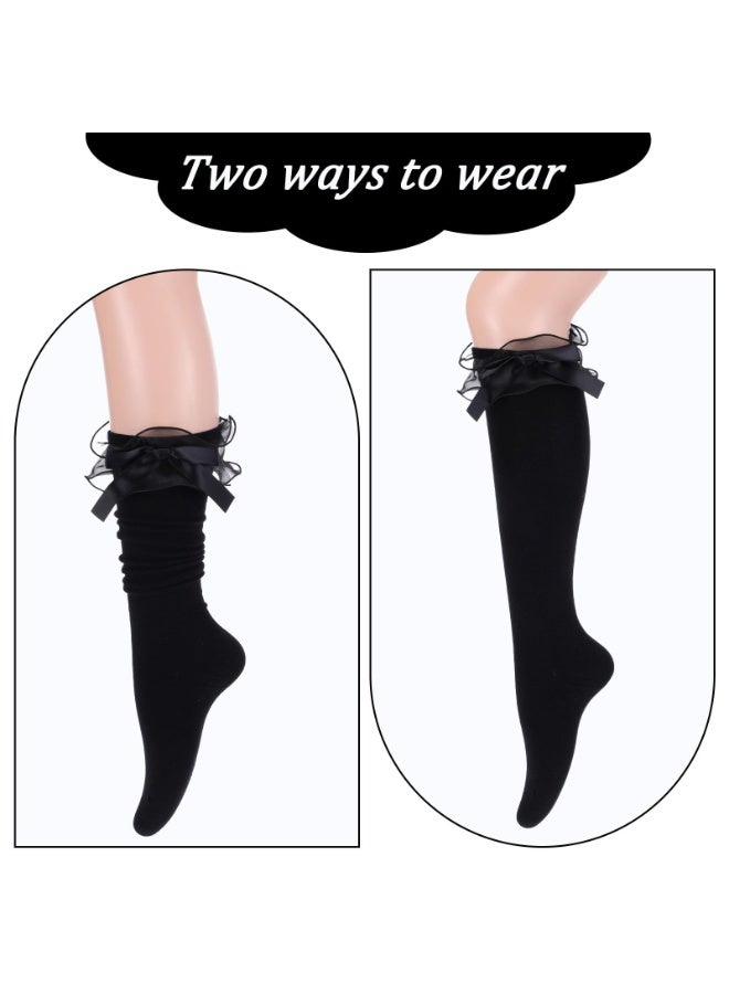 سونسر Black knee-high socks, black ruffled socks with bow embellishments, cotton lolita socks with bows, kawaii goth lolita socks for school, parties, and everyday wear - Image 5