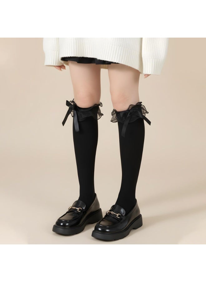 سونسر Black knee-high socks, black ruffled socks with bow embellishments, cotton lolita socks with bows, kawaii goth lolita socks for school, parties, and everyday wear - Image 3