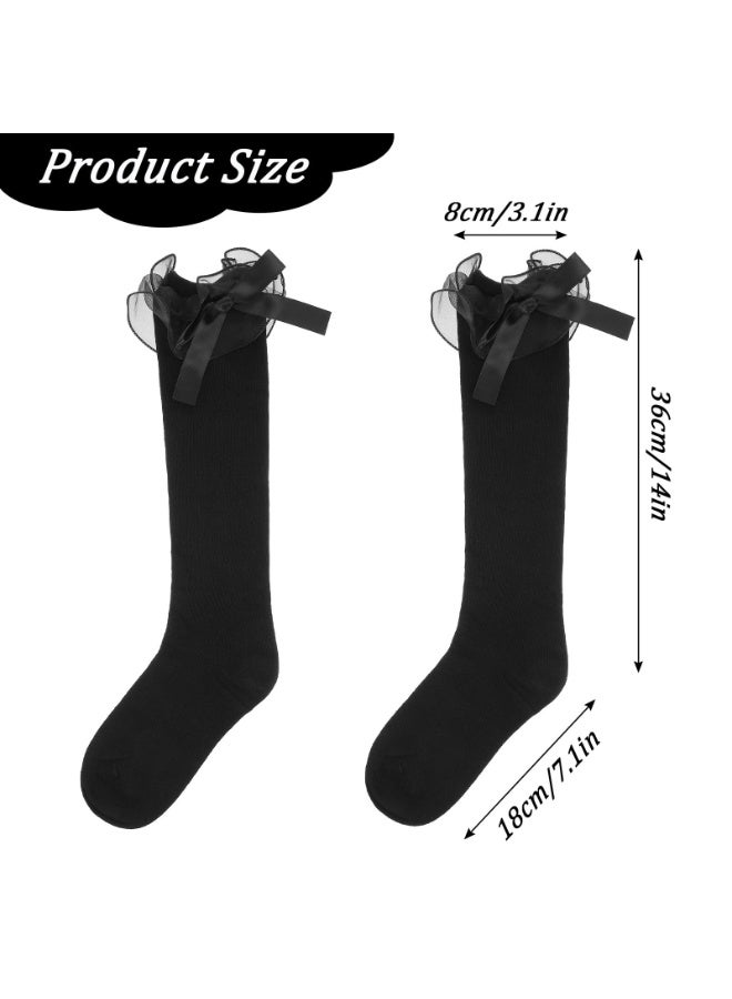 سونسر Black knee-high socks, black ruffled socks with bow embellishments, cotton lolita socks with bows, kawaii goth lolita socks for school, parties, and everyday wear - Image 2