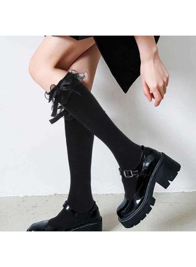 سونسر Black knee-high socks, black ruffled socks with bow embellishments, cotton lolita socks with bows, kawaii goth lolita socks for school, parties, and everyday wear - Image 4