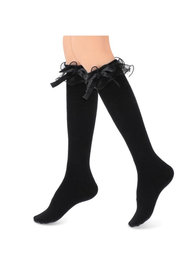 سونسر Black knee-high socks, black ruffled socks with bow embellishments, cotton lolita socks with bows, kawaii goth lolita socks for school, parties, and everyday wear - Image 1