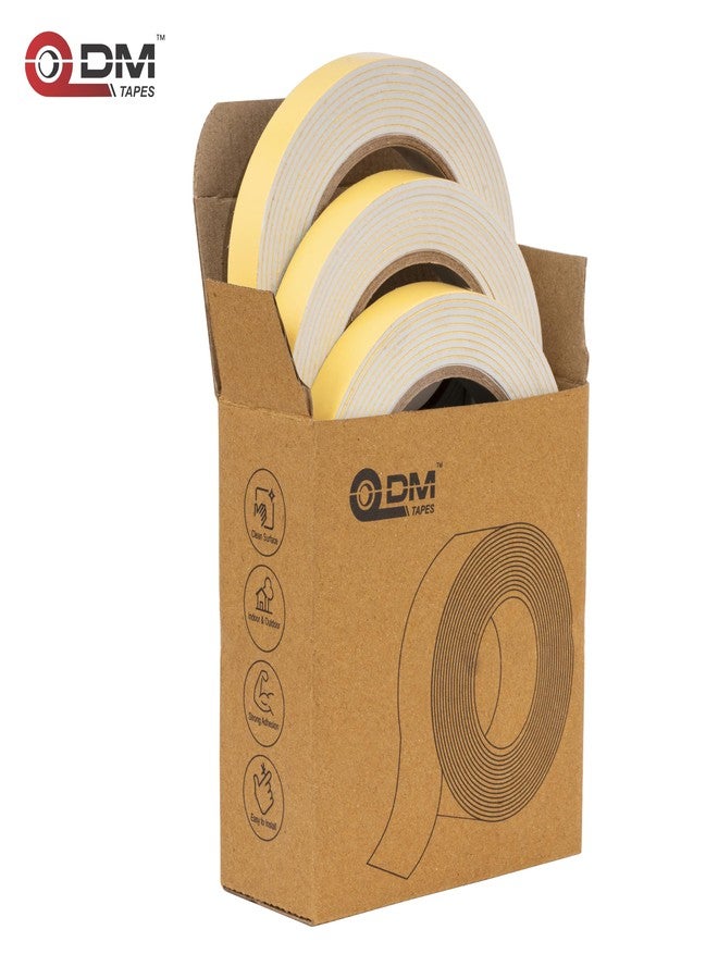 DM TAPES Double Sided Tape | Self Adhesive Foam Mounting Tape | For Wall,Craft, Furniture, Paper, Hooks,Sheet | Set Of 6 | (YELLOW LINER - WHITE COLOUR) - Image 2