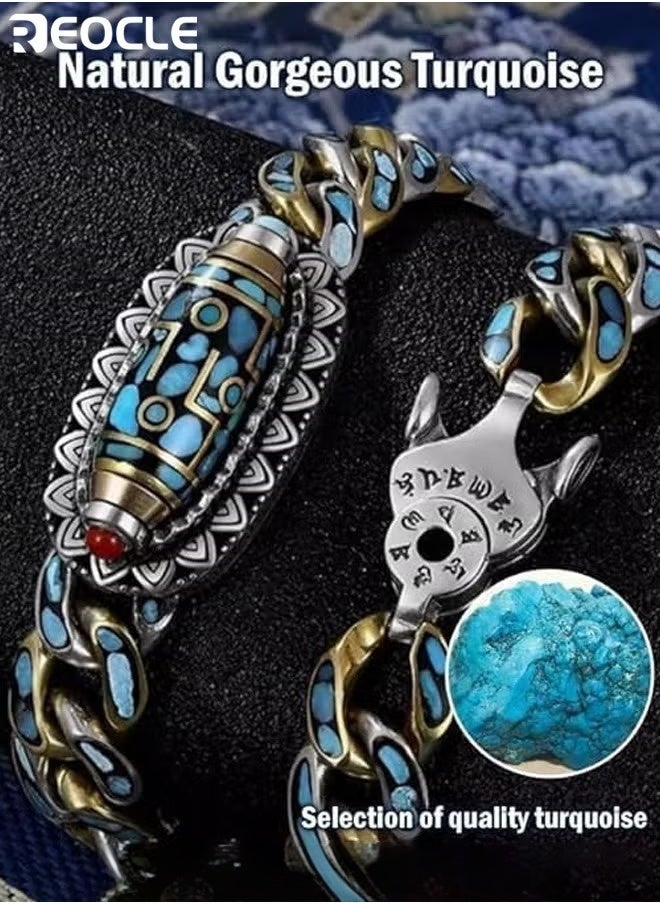 REOCLE Men's Bracelet Turquoise Six-character Mantra Nine-eyed Dzi Bead Bracelet Healthy Energy Gemstone Bracelet  - Image 3