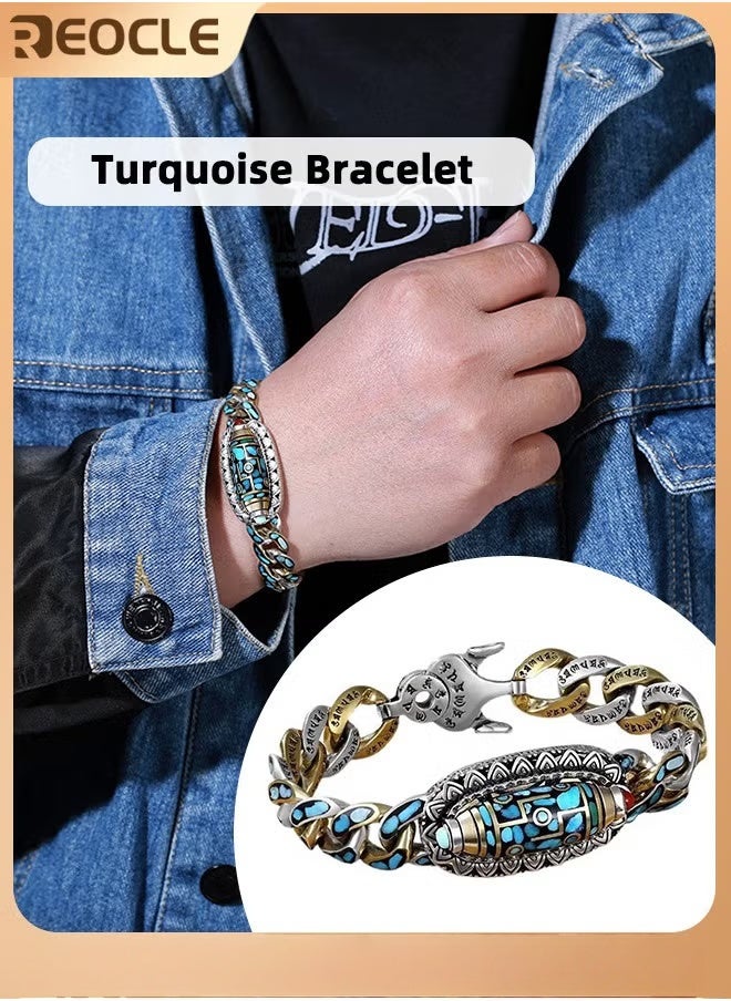 REOCLE Men's Bracelet Turquoise Six-character Mantra Nine-eyed Dzi Bead Bracelet Healthy Energy Gemstone Bracelet  - Image 1