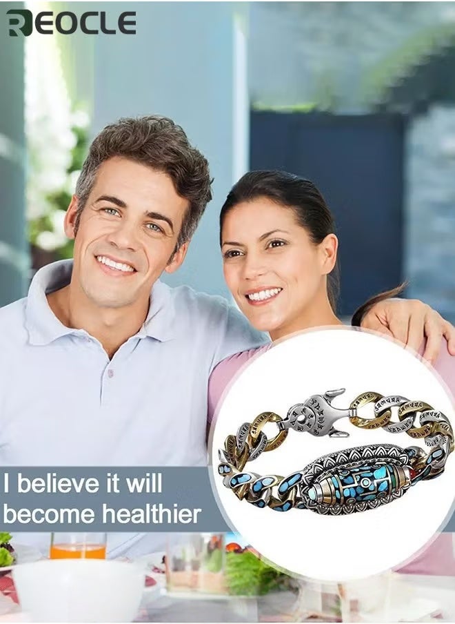 REOCLE Men's Bracelet Turquoise Six-character Mantra Nine-eyed Dzi Bead Bracelet Healthy Energy Gemstone Bracelet  - Image 4