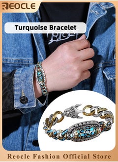 REOCLE Men's Bracelet Turquoise Six-character Mantra Nine-eyed Dzi Bead Bracelet Healthy Energy Gemstone Bracelet  - Image 1