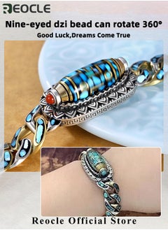 REOCLE Men's Bracelet Turquoise Six-character Mantra Nine-eyed Dzi Bead Bracelet Healthy Energy Gemstone Bracelet  - Image 2