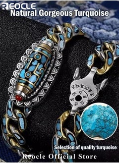 REOCLE Men's Bracelet Turquoise Six-character Mantra Nine-eyed Dzi Bead Bracelet Healthy Energy Gemstone Bracelet  - Image 4