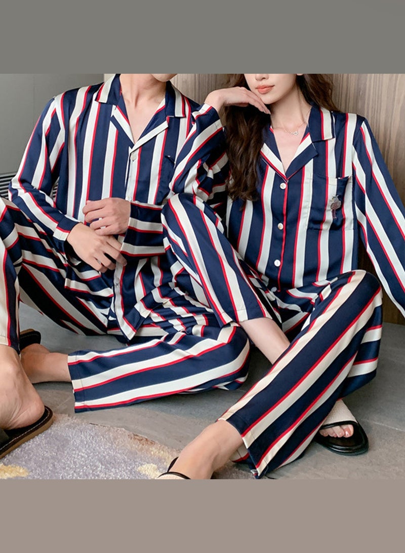 MARGOUN Couple Matching Pajamas Striped Long Sleeve Shirt and Pants Sleepwear Soft Embroidery Cartoon on the Pocket, Pajamas Set Blue Button Down Loungewear Homewear Nightwear MG05  - Image 5