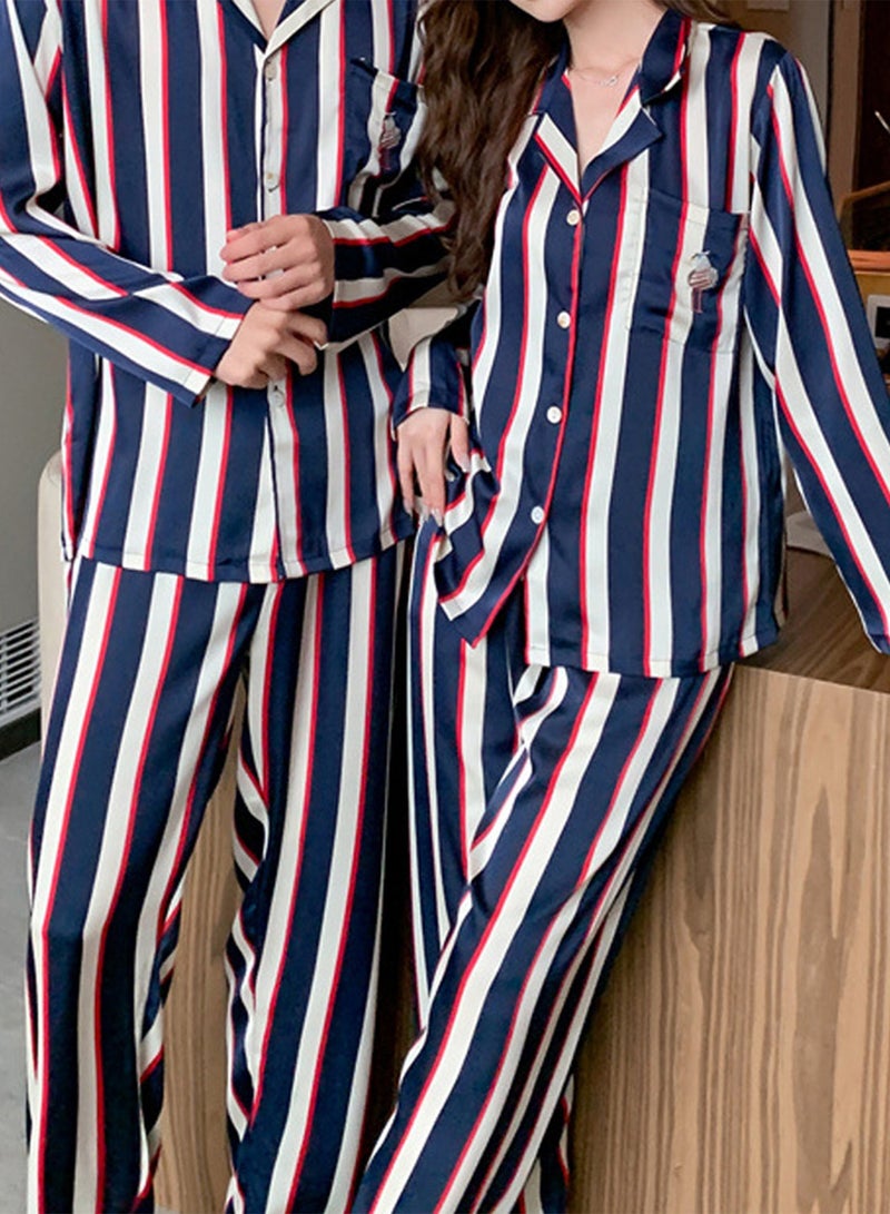 MARGOUN Couple Matching Pajamas Striped Long Sleeve Shirt and Pants Sleepwear Soft Embroidery Cartoon on the Pocket, Pajamas Set Blue Button Down Loungewear Homewear Nightwear MG05  - Image 4