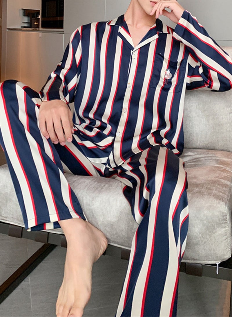 MARGOUN Couple Matching Pajamas Striped Long Sleeve Shirt and Pants Sleepwear Soft Embroidery Cartoon on the Pocket, Pajamas Set Blue Button Down Loungewear Homewear Nightwear MG05  - Image 3