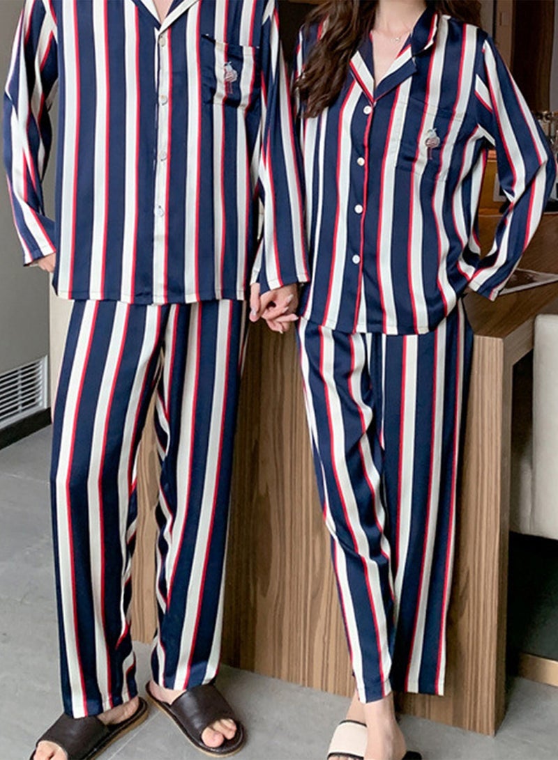 MARGOUN Couple Matching Pajamas Striped Long Sleeve Shirt and Pants Sleepwear Soft Embroidery Cartoon on the Pocket, Pajamas Set Blue Button Down Loungewear Homewear Nightwear MG05  - Image 1