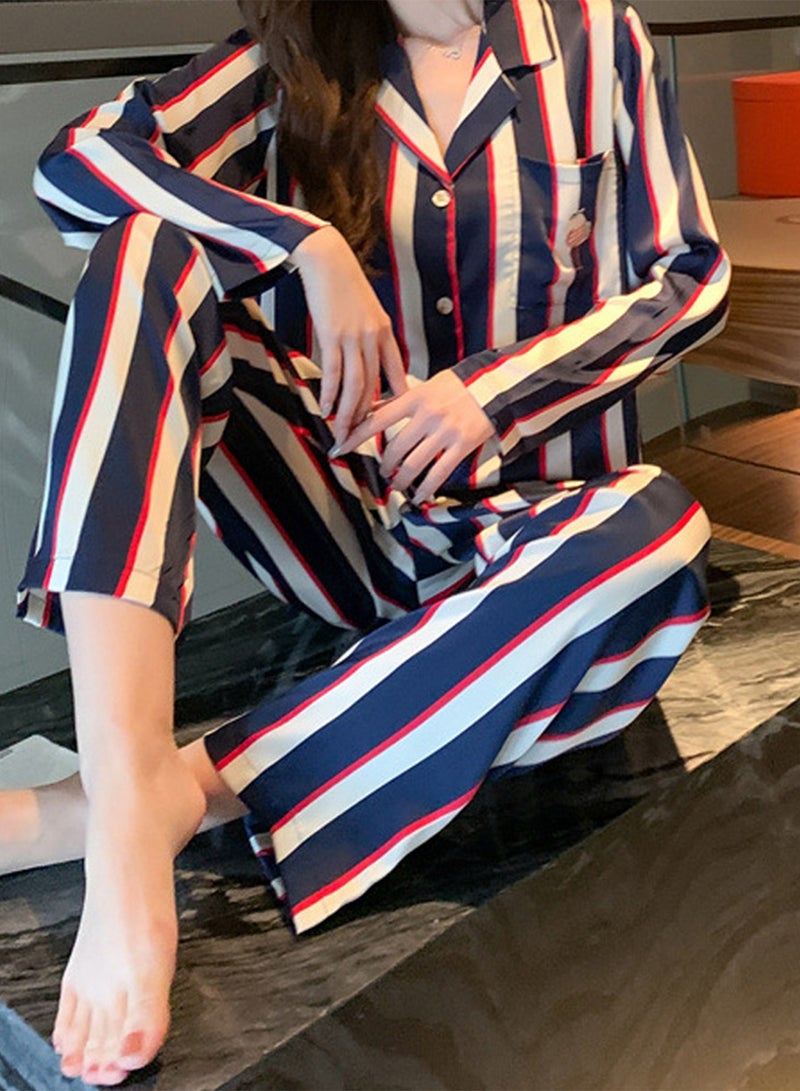 MARGOUN Couple Matching Pajamas Striped Long Sleeve Shirt and Pants Sleepwear Soft Embroidery Cartoon on the Pocket, Pajamas Set Blue Button Down Loungewear Homewear Nightwear MG05  - Image 2