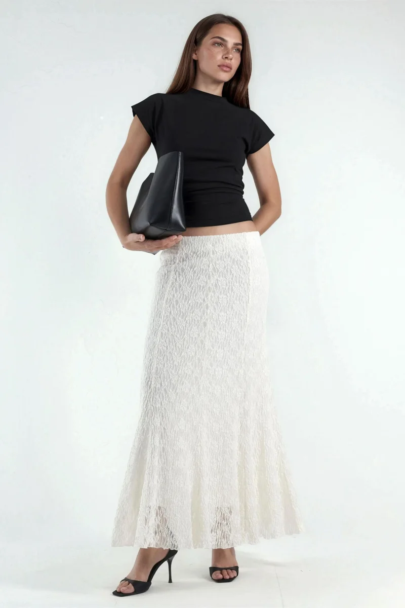 Hiccup Cream Natural High Waist Lace Maxi Skirt for Women | Best Price UAE