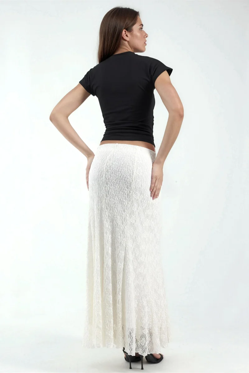 Hiccup Cream Natural High Waist Lace Maxi Skirt for Women | Best Price UAE
