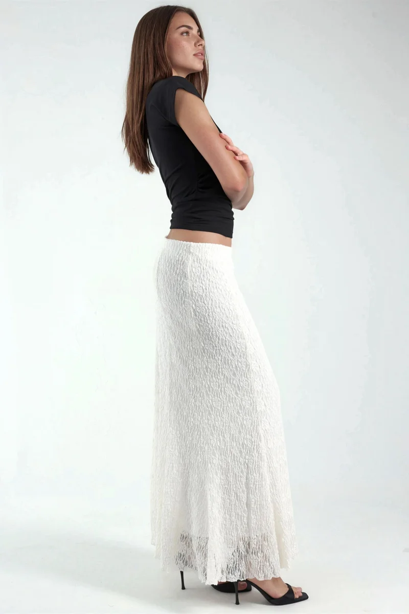 Hiccup Cream Natural High Waist Lace Maxi Skirt for Women | Best Price UAE