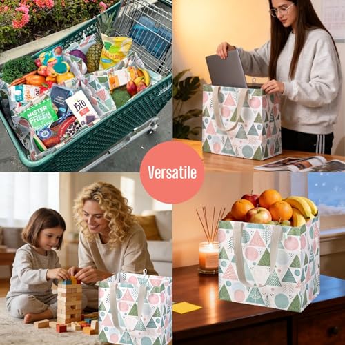 VENO 4 Pack Reusable Grocery Bags, Heavy-Duty Shopping Bags with Handles, for Shopping Cart with Hard Bottom to Stand Upright, Foldable (Pastel Forest, 4 Pack) - Image 2