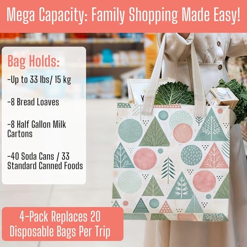 VENO 4 Pack Reusable Grocery Bags, Heavy-Duty Shopping Bags with Handles, for Shopping Cart with Hard Bottom to Stand Upright, Foldable (Pastel Forest, 4 Pack) - Image 5