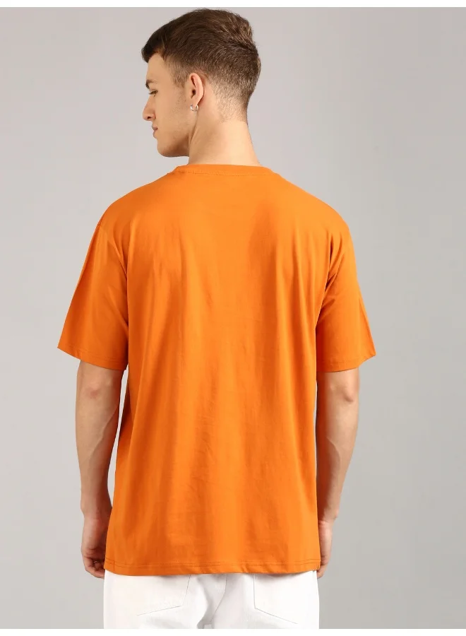 جوفن Orange Printed Oversized T-Shirt for Men