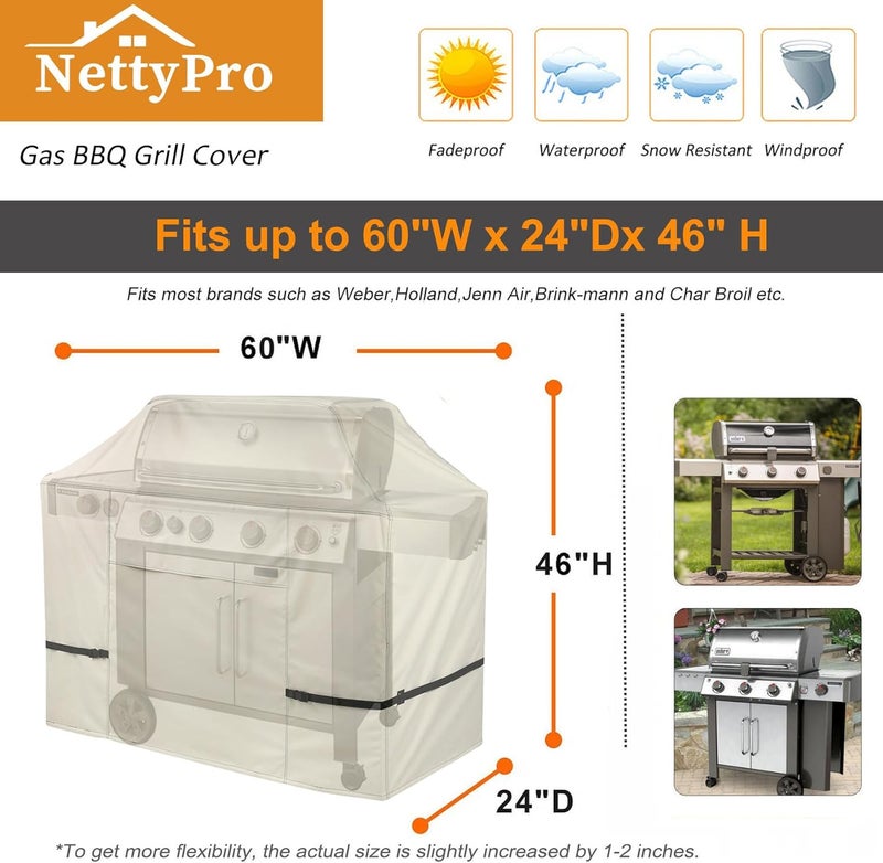 NettyPro غطاء شواية ، مقاس 60 بوصة، مقاوم للماء، عالي الجودة، مناسب لأجهزة Weber، Char-Broil، Brinkmann، Nexgrill وغيرها، بلون بيج. - Image 5