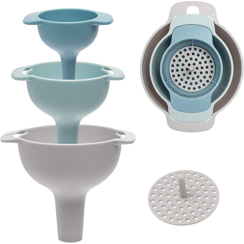 KPNG 3 Piece Kitchen Funnel with Detachable Strainer/Filter for Easy Transfer of Cooking Oil, Water, Powder, Sauce, Sanitiser. (Pack of 3pcs + Detachable Filter) - Image 1