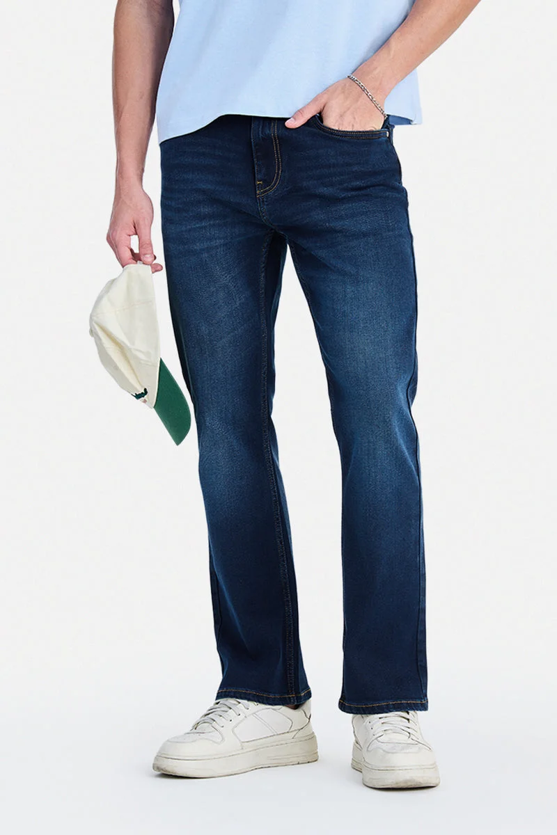 سنيتش Dark Blue Solid Straight Fit Casual Jeans