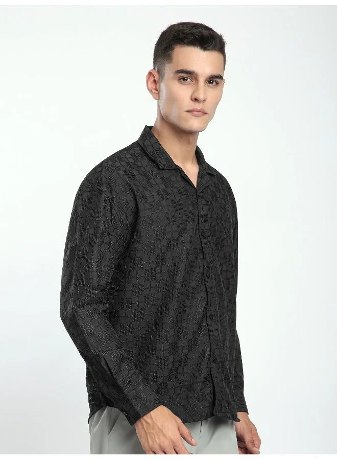 Beyoung Black Jacquard Cuban Shirt
