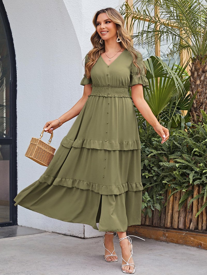 Amegoya Women's Summer Boho Tiered Maxi Dress V Neck Smocked Hight Waist Long Flowy Dress (Army Green L) - Image 2