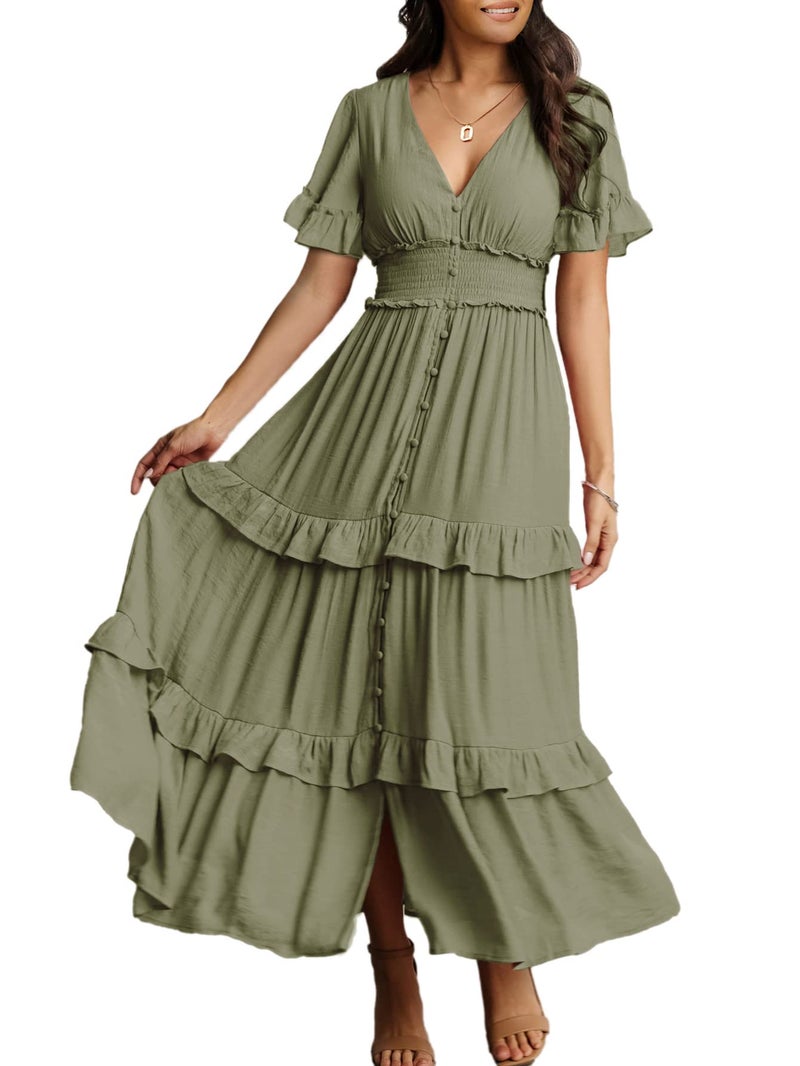 Amegoya Women's Summer Boho Tiered Maxi Dress V Neck Smocked Hight Waist Long Flowy Dress (Army Green L) - Image 1