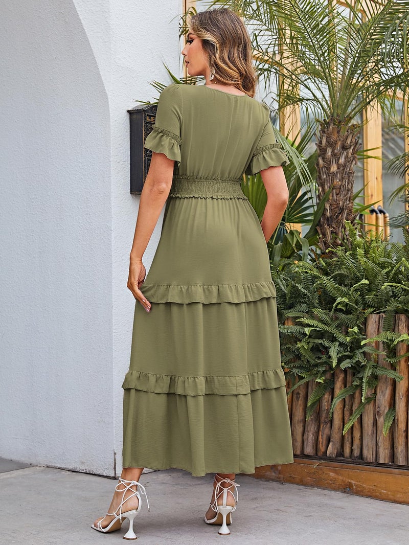 Amegoya Women's Summer Boho Tiered Maxi Dress V Neck Smocked Hight Waist Long Flowy Dress (Army Green L) - Image 4