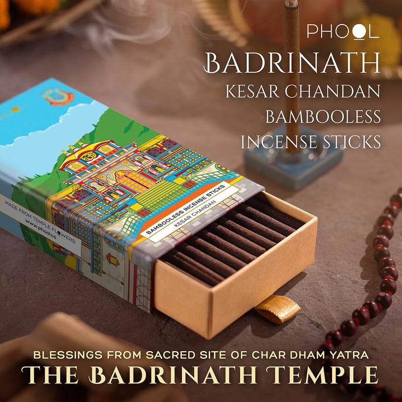 PHOOL LUXURY INCENSE Phool Badrinath Bambooless Incense Sticks Kesar Chandan Fragrance I Special Char Dham Yatra Pack I Flowers Offered at Badrinath Temple I Pack of 27 Dhoop Sticks for Pooja - Image 4