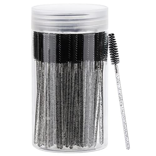 100 Pcs Disposable Mascara Wands Crystal Eyebrow Spoolies Brush for Eyelash Extensions Black Lash Brushes with Container