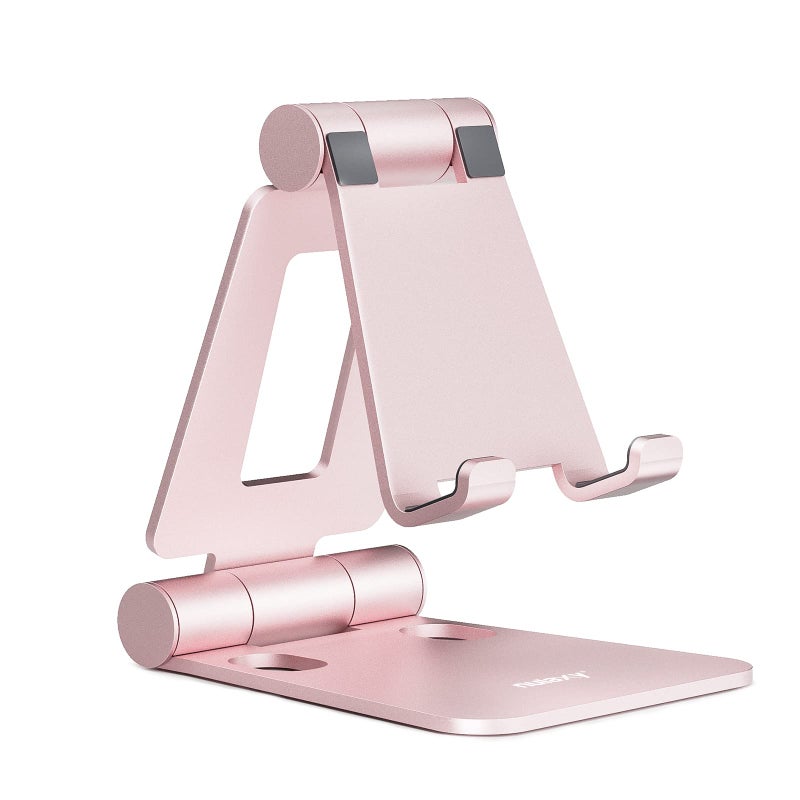 Nulaxy Dual Folding Cell Phone Stand, Fully Adjustable Foldable Desktop Phone Holder Cradle Dock Compatible with iPhone 17 16 15 14 13 12 11 Pro Max Xs Xr X 8, Nintendo Switch, All Phones - Rose Gold - Image 1
