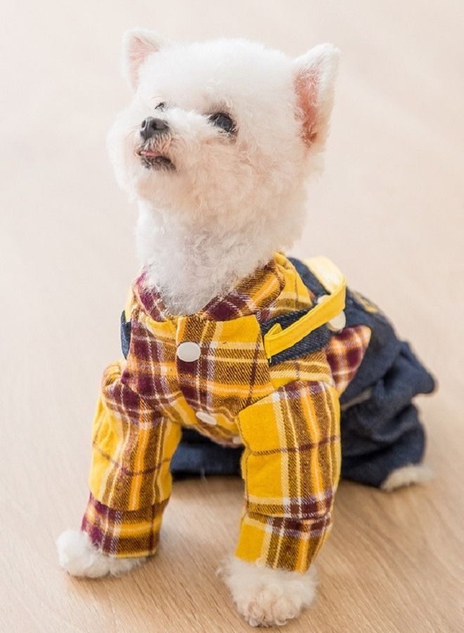 Winter Wear Ohana Attractive Blue Denim Dungree with Yellow Plaid Shirt And Sling Pocket for Dogs And Cats - Image 3