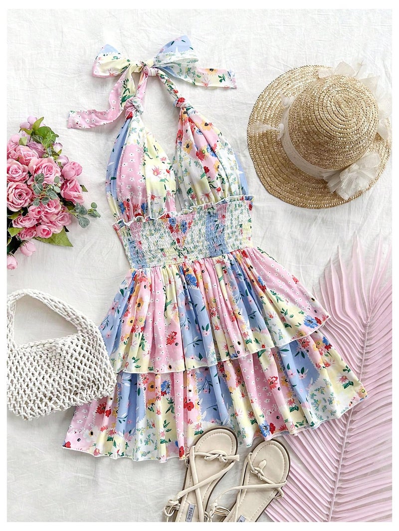 MakeMeChic Women's Floral Shirred Mini Dress Halter Ruffle Tiered Boho Summer Dresses Multicolor Large - Image 2