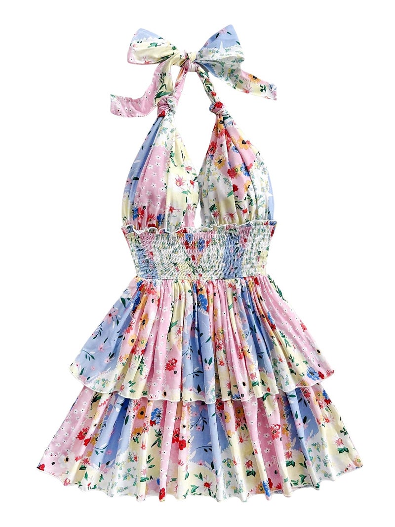 MakeMeChic Women's Floral Shirred Mini Dress Halter Ruffle Tiered Boho Summer Dresses Multicolor Large - Image 1