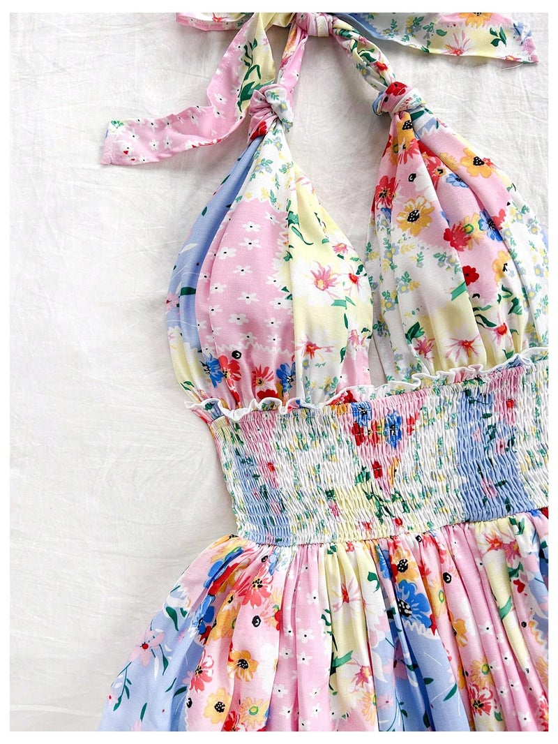MakeMeChic Women's Floral Shirred Mini Dress Halter Ruffle Tiered Boho Summer Dresses Multicolor Large - Image 4