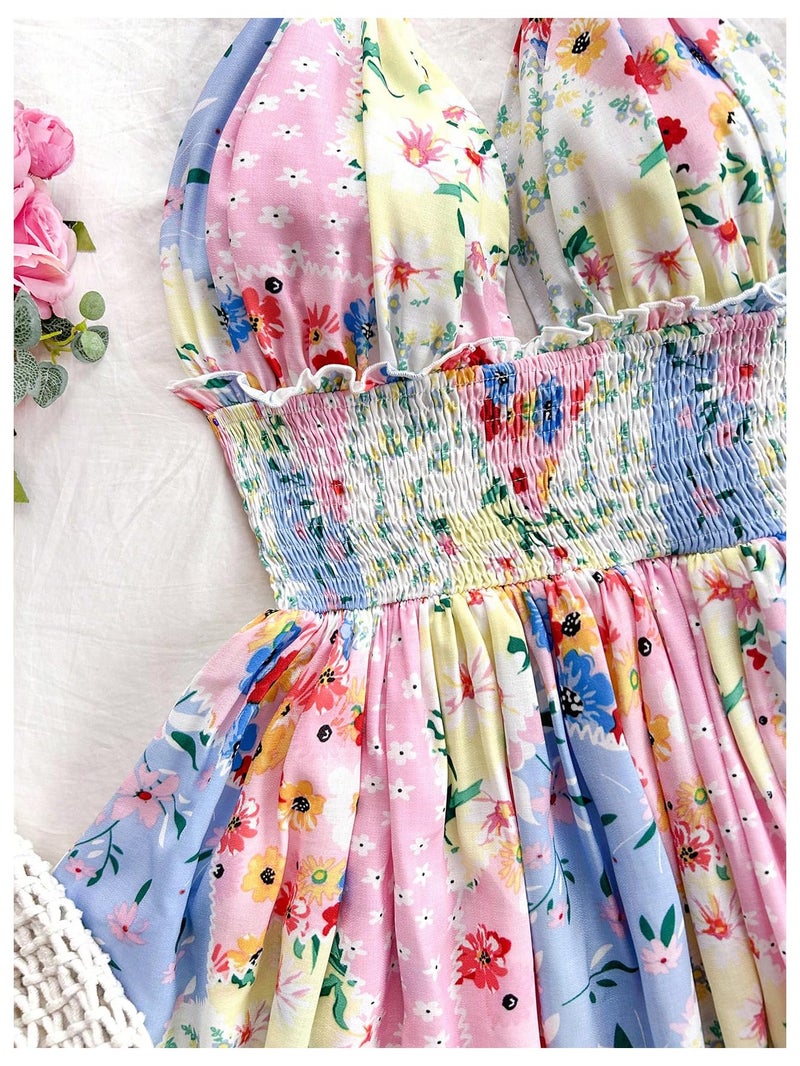 MakeMeChic Women's Floral Shirred Mini Dress Halter Ruffle Tiered Boho Summer Dresses Multicolor Large - Image 5