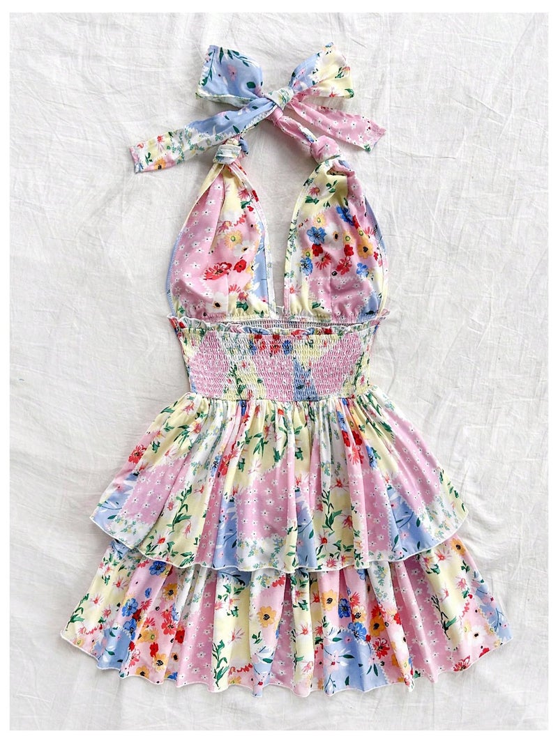 MakeMeChic Women's Floral Shirred Mini Dress Halter Ruffle Tiered Boho Summer Dresses Multicolor Large - Image 3