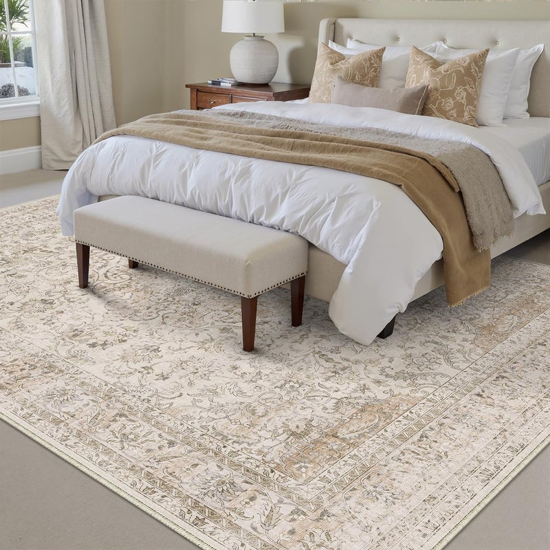WondRg 8x10 Washable Beige Area Rug Vintage Living Room Bedroom Carpet Non-Slip Soft Low Pile Distressed Indoor Large Throw Rug for Dining Room Office - Image 5