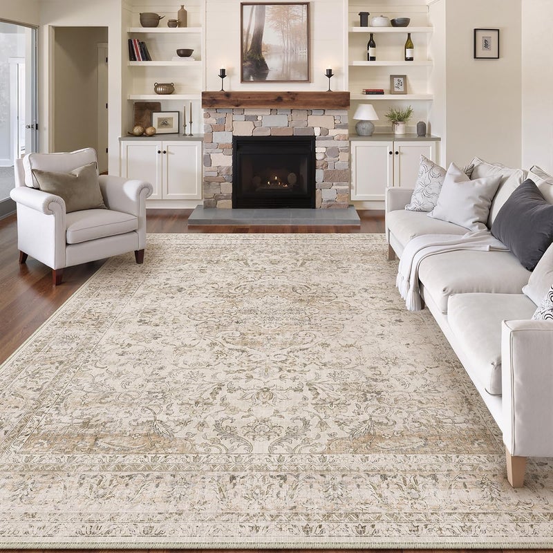 WondRg 8x10 Washable Beige Area Rug Vintage Living Room Bedroom Carpet Non-Slip Soft Low Pile Distressed Indoor Large Throw Rug for Dining Room Office - Image 1