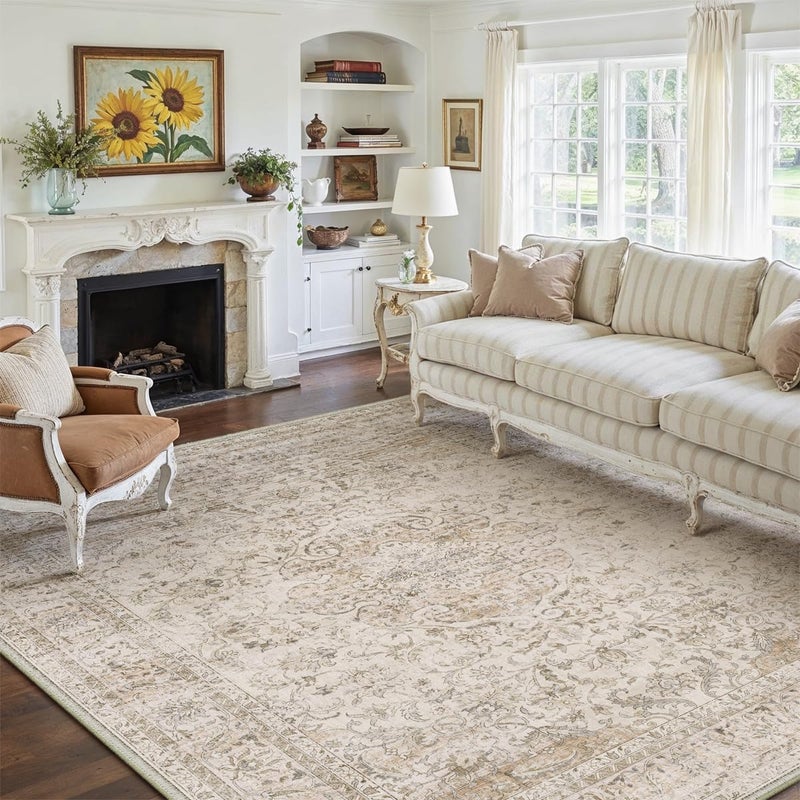 WondRg 8x10 Washable Beige Area Rug Vintage Living Room Bedroom Carpet Non-Slip Soft Low Pile Distressed Indoor Large Throw Rug for Dining Room Office - Image 3