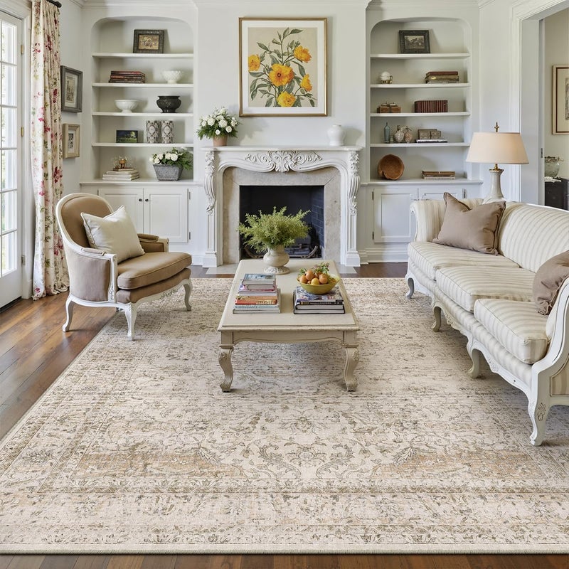 WondRg 8x10 Washable Beige Area Rug Vintage Living Room Bedroom Carpet Non-Slip Soft Low Pile Distressed Indoor Large Throw Rug for Dining Room Office - Image 4