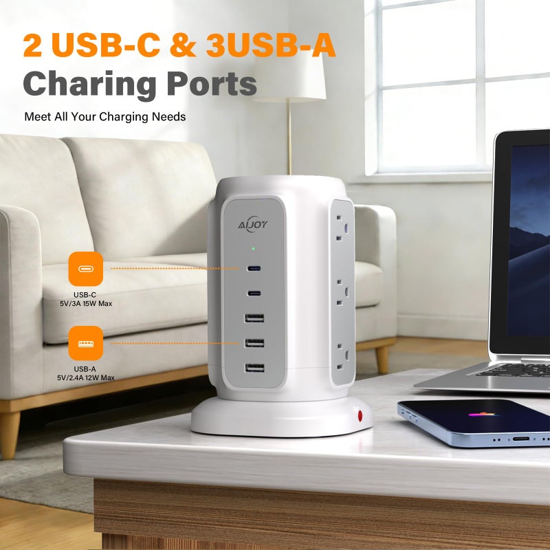 AiJoy Flat Plug Power Strip Tower 9 Outlets and 5 USB Ports (2 USB-C), 1200J Surge Protection, 6.5ft 1625W Extension Cord Charging Station for Home, Office Supplies, Dorm Essentials - Image 3