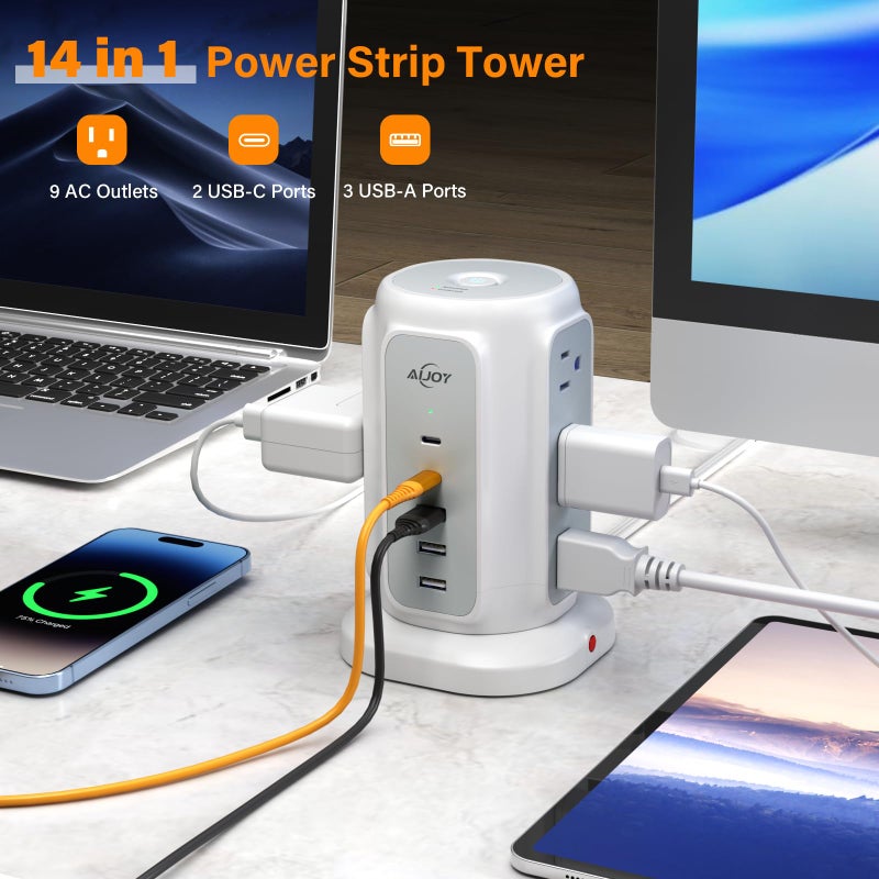 AiJoy Flat Plug Power Strip Tower 9 Outlets and 5 USB Ports (2 USB-C), 1200J Surge Protection, 6.5ft 1625W Extension Cord Charging Station for Home, Office Supplies, Dorm Essentials - Image 2