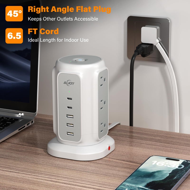 AiJoy Flat Plug Power Strip Tower 9 Outlets and 5 USB Ports (2 USB-C), 1200J Surge Protection, 6.5ft 1625W Extension Cord Charging Station for Home, Office Supplies, Dorm Essentials - Image 5