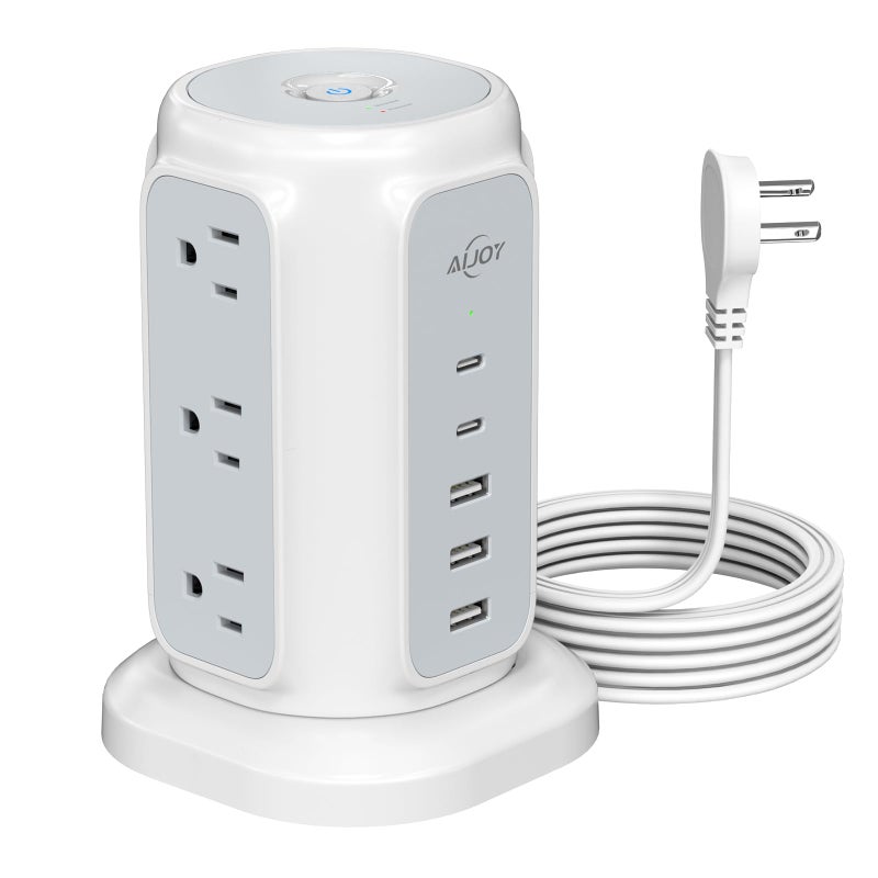 AiJoy Flat Plug Power Strip Tower 9 Outlets and 5 USB Ports (2 USB-C), 1200J Surge Protection, 6.5ft 1625W Extension Cord Charging Station for Home, Office Supplies, Dorm Essentials - Image 1